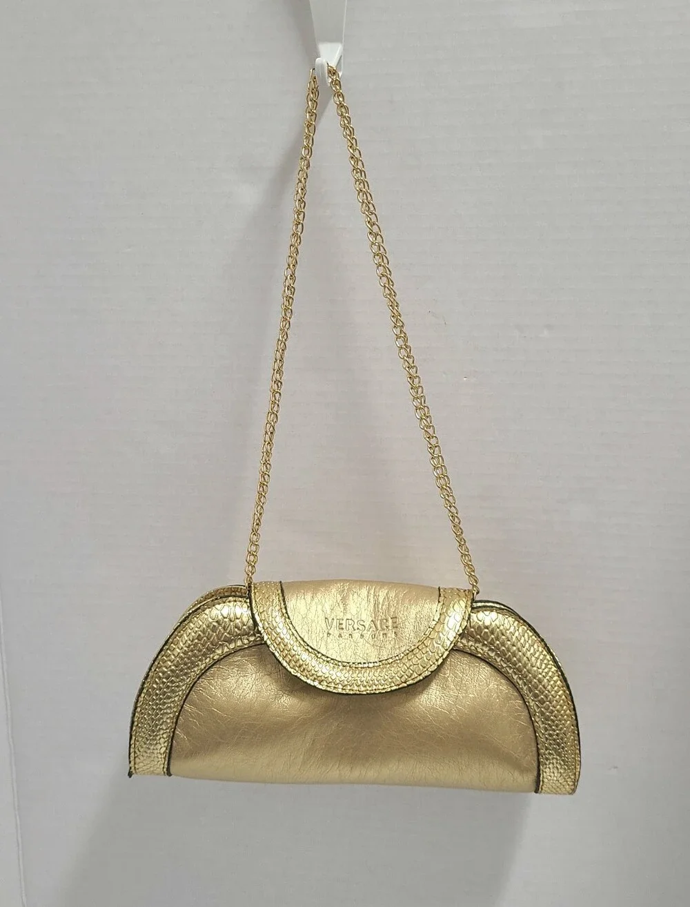 Vtg Versace Y2K Cosmetic Pouch Clutch Bag Gold Metallic Embossed Snakeskin Trim